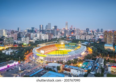 Beijing, China Skyline And Stadium.