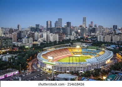 Beijing, China Skyline And Stadium.