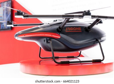 BEIJING, CHINA-MAY 28, 2017: A JD Logistics Drone Is Display At The China Beijing International Fair For Trade In Services. JD.com Expects The Drone Delivery Will Help Reducing Freight Costs By 70%. 