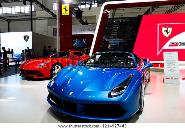 BEIJING\
CHINA-May 3, 2016: Ferrari GTC4Lusso, a world-renowned Italy super\
brand, landed at the Beijing auto show. First appeared in the Asian\
market, using the rear wheel steering\
technology.