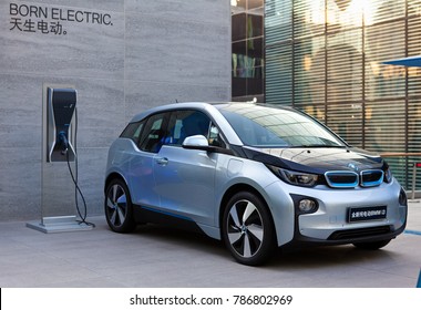 BEIJING, CHINA-NOVEMBER 22, 2014: BMW i3 electric vehicle model is on display at sanlintun area in city downtown