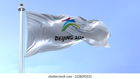 Beijing, CHN, Jan. 2022: Beijing 2022 winter paralympic games flag waving in the wind. Beijing 2022 winter paralympic games are scheduled to take place from 4 to 13 march 2022