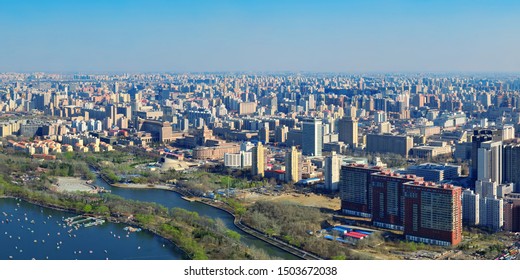 Beijing City Aerial View With Urban Buildings And Lake.