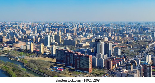 Beijing City Aerial View With Urban Buildings.