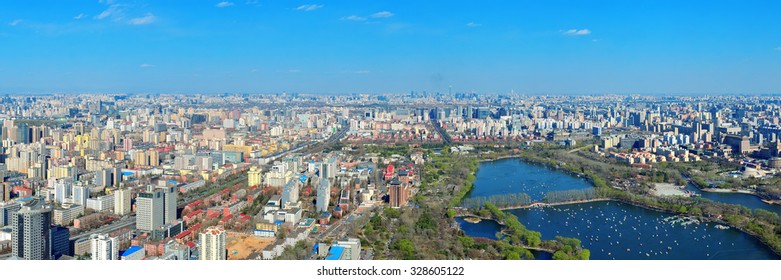 Beijing City Aerial View With Urban Buildings And Lake.