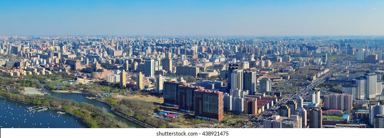 Beijing city aerial view with urban buildings.