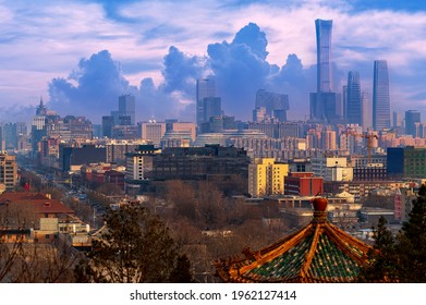 Beijing cityscape between ancient chinese architecture. historic buildings and  Beijing modern building with blue sky, Beijing, China