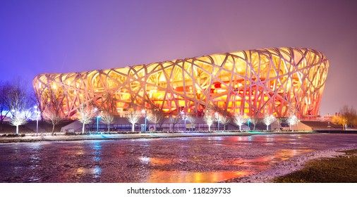 BEIJING - FEB 21: Beijing National Stadium, Also Known As The Bird's Nest, At Dusk On February 21, 2012 In Beijing, China.The 2015 World Championships In Athletics Will Take Place At This Famous Venue