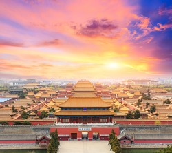 Pekin Zabronione Krajobrazy Miasta O Zachodzie Słońca, Chiny, Widok Wysoki Kąt