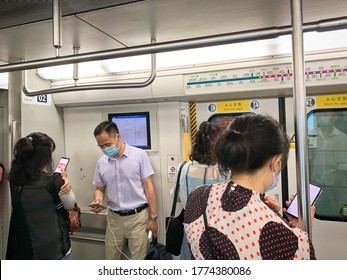 BEIJING - July 11: Subway Line 14 Cabin on July 11: 2020 in Beijing, China.  Beijing Subway Cabin, During COVID-19, passengers wear masks.