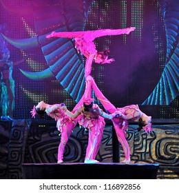 BEIJING - MAY 6: Beijing Acrobatics Troupe artists perform at the famous Chaoyang Theatre on May 6, 2012, in Beijing, China.