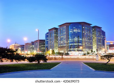 Beijing Oriental Plaza Buildings At Night, Transport And Ordinary Urban Life Of The City.