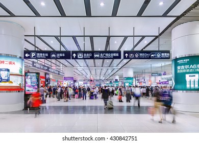 BEIJING-JULY 2, 2016. Interior of new Beijing Railway Station South, the city's largest station and one of the biggest in Asia, terminus for high-speed trains on Beijing-Tianjin and Beijing-Shanghai.