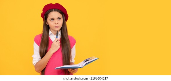 Being Pensive. Thinking Child Make Notes. Teenage Student. Tween And Youth. Banner Of Schoolgirl Student. School Child Pupil Portrait With Copy Space.