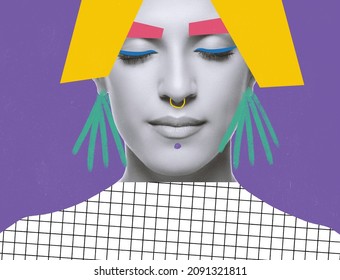 Being yourself. Contemporay art collage of young attractive girl with yellow hair and bright makeup isolated over purple background. Concept of beauty, art, freedom, positivity. Copy space for ad