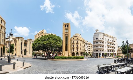 Beirut / Lebanon - 07/21/2018: Panorama of Nejmeh square in downtown Beirut with the iconic clock tower and the Lebanese parliament building