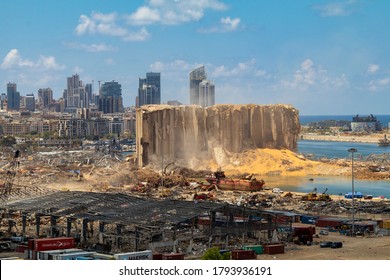 Beirut / Lebanon - 08 11 2020: Beirut Port Massive Explosion site. Hundreds of tonnes of wheat appear among the rubble as Lebanon's backup wheat silos got demolished