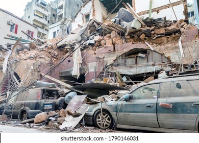 Beirut / Lebanon - 08/05/2020: Destroyed properties in Mar Mikhael neighborhood after an explosion shook Beirut on August 4. 