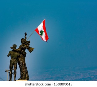 Beirut Lebanon 11/23/2019 Martyrs Monument With Lebanon Flag At Martyrs Square In Beirut