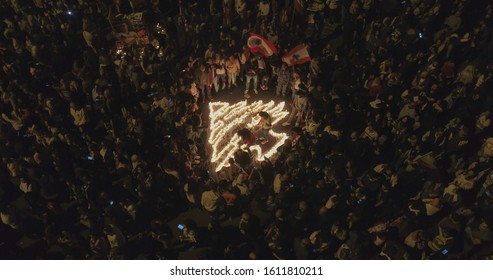 Beirut, Lebanon 2019 : High Angle Side View Of A Cedar Tree Art Work Created By Protesters Using Candles In Martyr Square, As A Symbol Of Peace In Lebanon, During The Lebanese Revolution