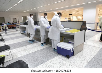 Beirut, Beirut / Lebanon - 9 29 2020: Medical Checkpoint At Rafik AL Hariri Beirut International Airport For Coronavirus Covid19 PCR Test