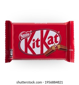 Beirut, Lebanon - April  16, 2021: Kit Kat Chocolate Bar On White Background. Bars Kit Kat Is Produced By Nestle Company.