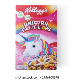 Beirut, Lebanon - April  16, 2021: Corn Flakes Kellogg's Unicorn Froot Loops Box 