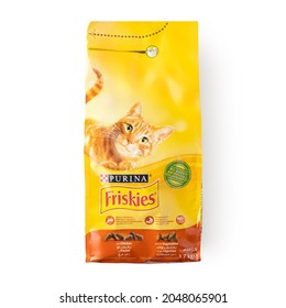 Beirut, Lebanon - April 16, 2021: Packaging Of PURINA Friskies Dry Food For Sterilized Cats.