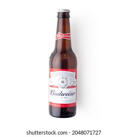 Beirut, Lebanon - April 16, 2021: Bottle Of Budweiser Beer On White Background With Reflection, An American Lager First Introduced In 1876

