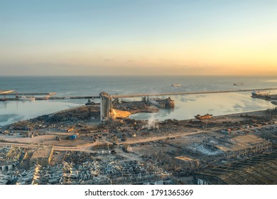 BEIRUT, LEBANON - AUGUST 05 2020: Aerial view of Beirut Port completely destroyed as the inspection of the scene continue after a fire at a warehouse with explosives  led to massive blasts in Beirut