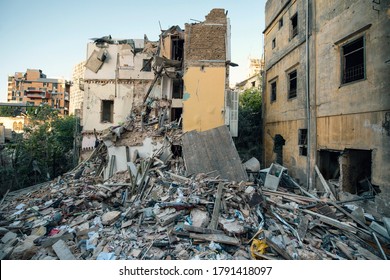 BEIRUT, LEBANON - AUGUST 05 2020: View of destroyed buildings as the inspection of the scene continues after a fire at a warehouse with explosives at the Port of Beirut led to massive blasts in Beirut