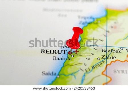 Beirut, Lebanon. Close-up of Beirut map with red pin on the map of Lebanon.