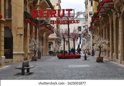 Beirut/ Lebanon January 15th 2020: Cityscape Downtown Beirut Souk Of Beirut With Christmas Ornaments  Among Them Two Big Red Signs 