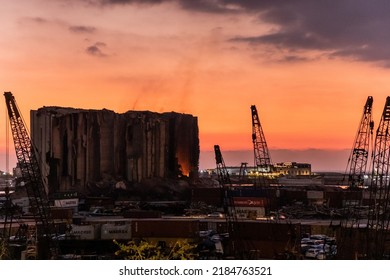 BEIRUT, LEBANON - JULY 31, 2022: View of burning Beirut port grain silos after their partial collapse on July 31, 2022.
