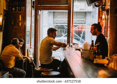 BEIRUT, LEBANON - NOVEMBER, 16, 2016: People Relax And Talk At Torino Express, One Of The Most Famous Bars In Gemmayze District In Beirut, Lebanon.