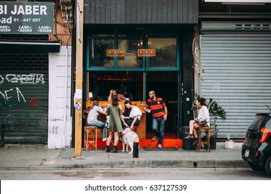 BEIRUT, LEBANON - NOVEMBER, 16, 2016: People Relax And Talk In Front Of One The Bars In Gemmayze District In Beirut, Lebanon.