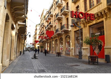 Beirut, Lebanon, October 1 2019/ El Moutran Sterrt In The Souk Of Beirut With Red Decoration: 