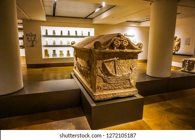 BEIRUT, LEBANON - OCTOBER 2017: National Archeological Artifacts Museum Stone Coffin With Ship Carvings