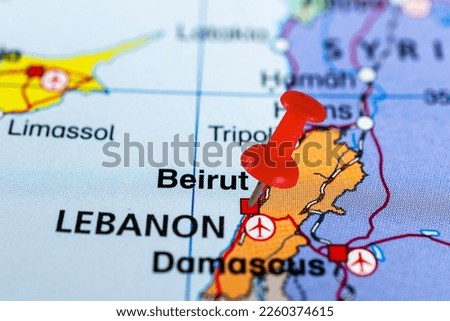 Beirut pin map. Close up of Beirut map with red pin. Map with red pin point of Beirut in Lebanon.