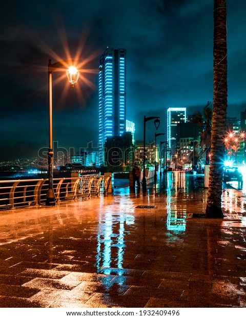 Beirut street at night\
during winter