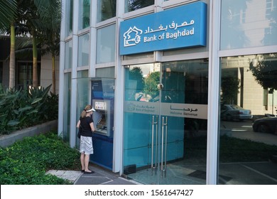 BeirutLEBANON – July 2, 2019: A Bank of Baghdad ATM machine in Beirut where US dollars were dispensed among other currencies before the national banking crisis now affecting the country.