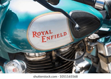 BEIT NIR, ISRAEL - MARCH 17, 2018: Close-up of Royal Enfield motorbike