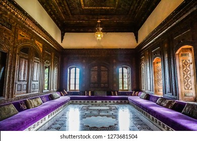 BEITEDDINE, LEBANON - OCTOBER 2017: Palace Picturesque Wooden Interior Living Guest Room