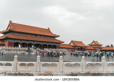 Bejing, China - May 2019 - Forbidden city in Bejing during rainy day 
