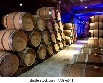 Bekaa,Lebanon-December 10,2017: Barrels Of Red Wine Located In Cave At 