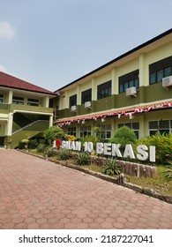 Bekasi, Indonesia - August 01, 2022; Senior Highschool Building With Letter Sign I Love SMAN 10 Bekasi, Under The Clear Sky