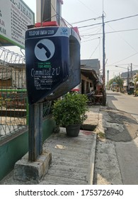 Bekasi, Indonesia - June 11, 2020: The Blue Payphone