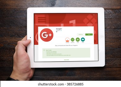 BEKASI, INDONESIA - MARCH 4, 2016: Google+ (Google Plus) app being displayed on Google Play Store. Google+ is an interest-based social network that is owned and operated by Google Inc. 