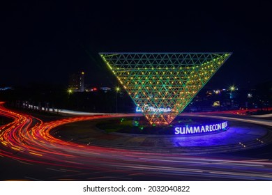 
Bekasi, Indonesia - November 2020 : Night City Traffic At Summarecon Bekasi. Light Trails Photography With Slow Shutter Speed. Street View In Bekasi City At Night.