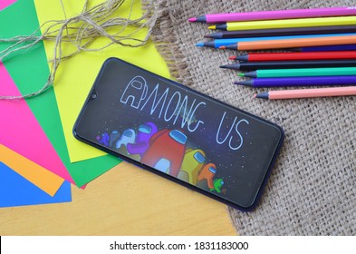 Bekasi, indonesia - Oct 11,2020: Among Us on smartphone, popular mobile game in the world wide